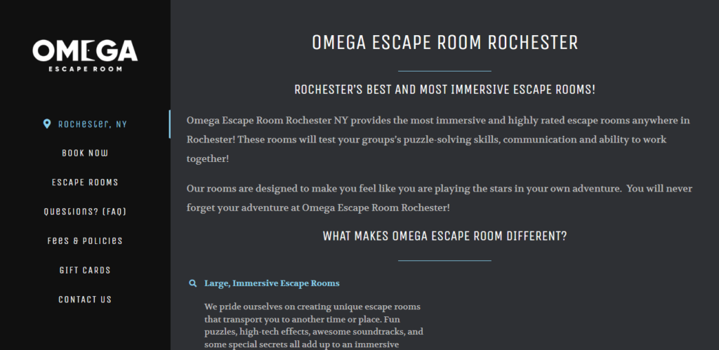 Homepage of Omega Escape Room website / omegaescaperoom.com  