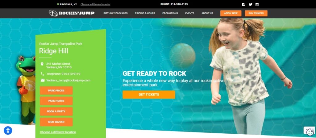 Homepage of Rockin' Jump Trampoline Park / Link: https://rockinjump.com/