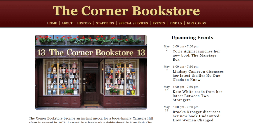 Homepage of The Corner Bookstore website / cornerbookstorenyc.com