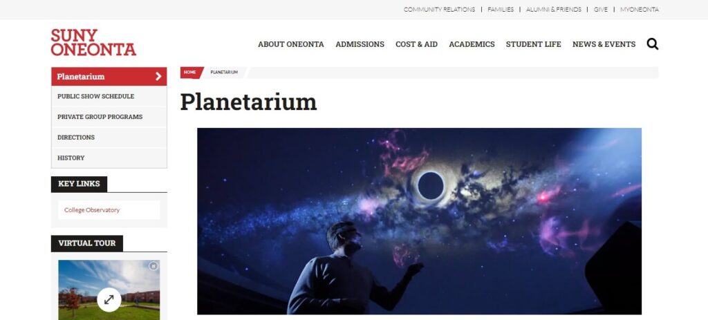 Homepage of The SUNY Oneonta Planetarium / Link: https://suny.oneonta.edu/planetarium
