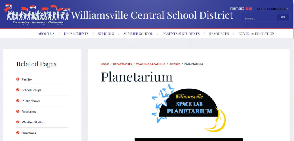 Homepage of Williamsville Space Lab Planetarium / Link: https://www.williamsvillek12.org/departments/teaching_and_learning/science/planetarium/index.php