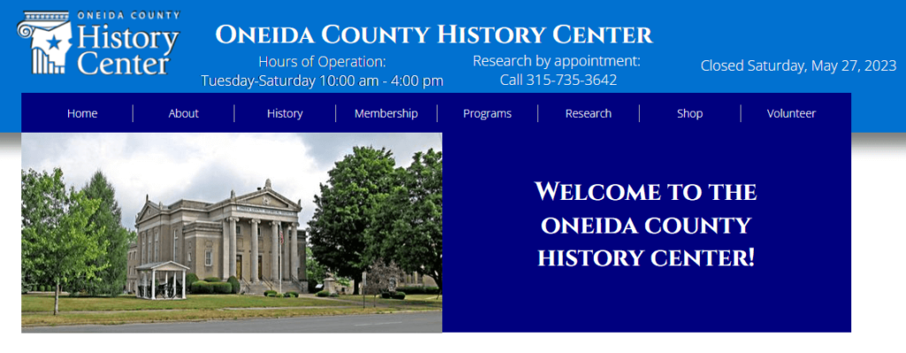Homepage of the Oneida County History Center website / 
Link: https://www.oneidacountyhistory.org/