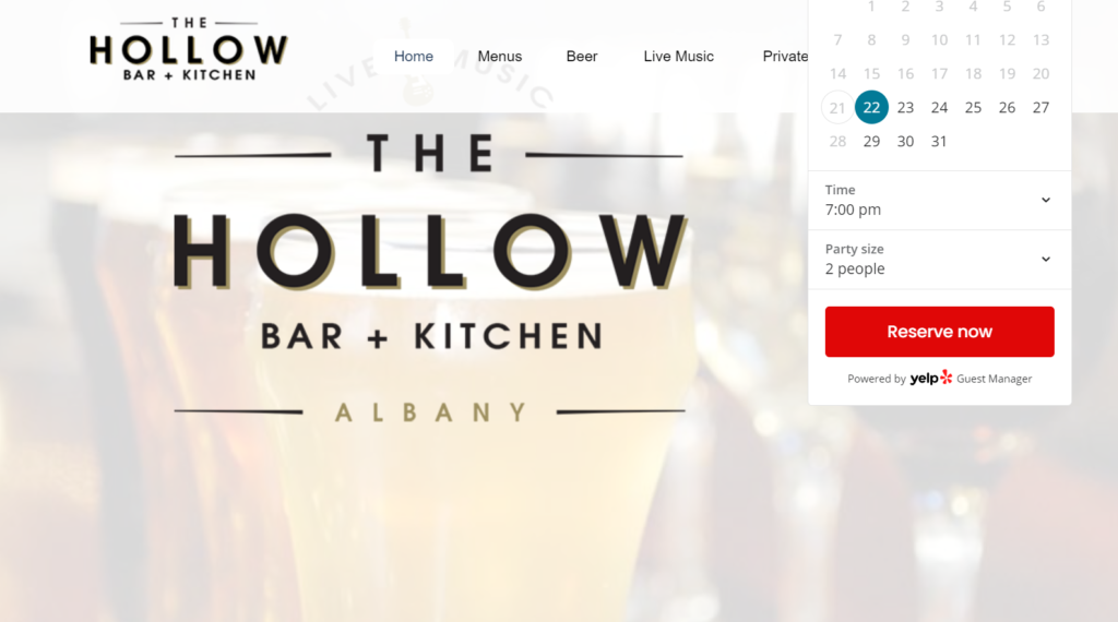 Homepage of The Hollow Bar + Kitchen / thehollowalbany.com