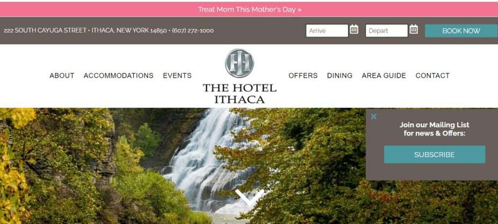 Homepage of The Hotel Ithaca website
Link: https://www.thehotelithaca.com/