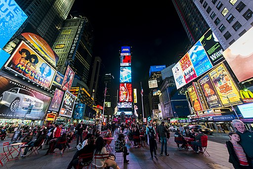 Night view of Times Square / Wikimedia Commons / Chensiyuan 
Link: https://commons.wikimedia.org/wiki/File:1_times_square_night_2013.jpg
