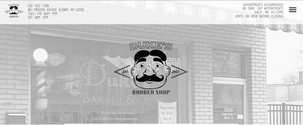 Homepage of Dukes Barber Shop of Albany website / dukesbarbershop.com

Link: https://www.dukesbarbershop.com/
