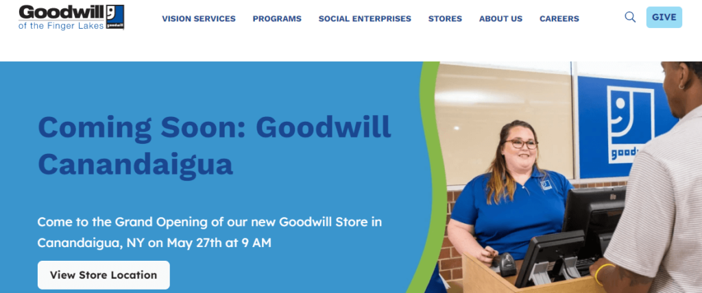 Homepage of the Goodwill Rochester website /
Link: https://www.goodwillfingerlakes.org/
