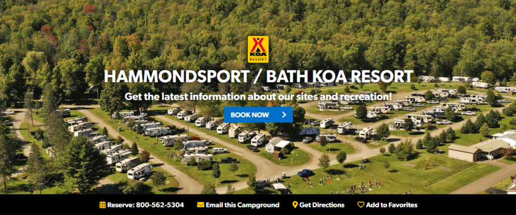 Homepage of the Hammondsport - Bath KOA website /
Link: https://koa.com/campgrounds/hammondsport/