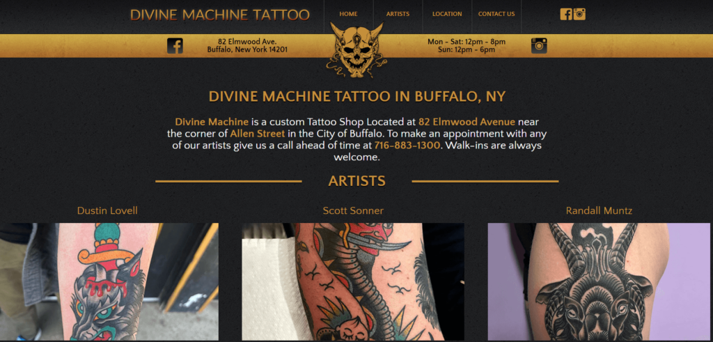Homepage of Divine Machine Tattoo website / divinemachinetattoo.com

Link: https://divinemachinetattoo.com/
