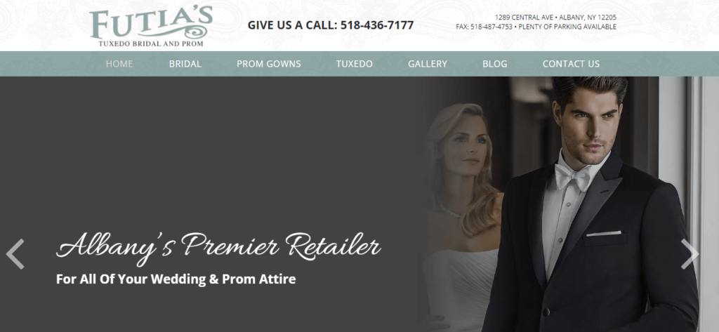 Homepage of Futia’s Tuxedo Bridal and Prom website / futias-formalwear.com

Link: https://www.futias-formalwear.com/
