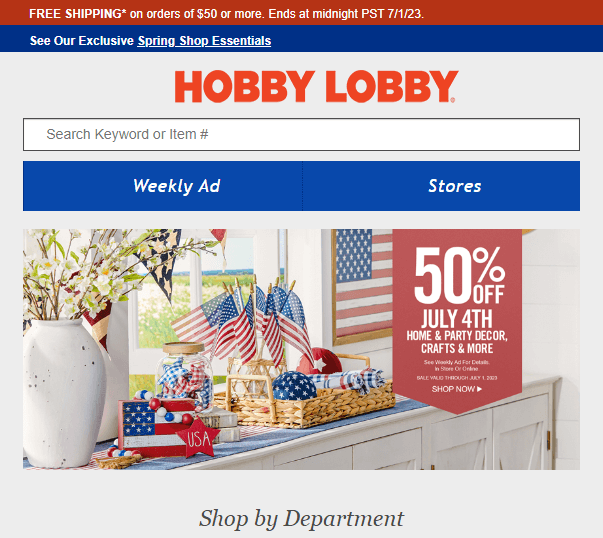 Homepage of Hobby Lobby website/ hobbylobby.com

Link: https://www.hobbylobby.com/