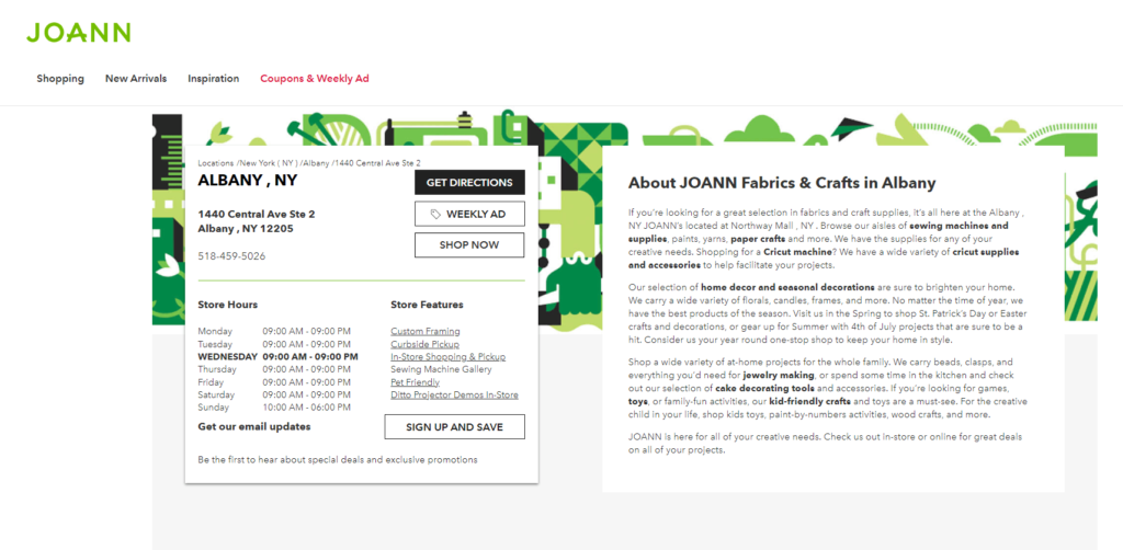 Homepage of JOANN Fabric and Crafts website / stores.joann.com

Link: https://stores.joann.com/