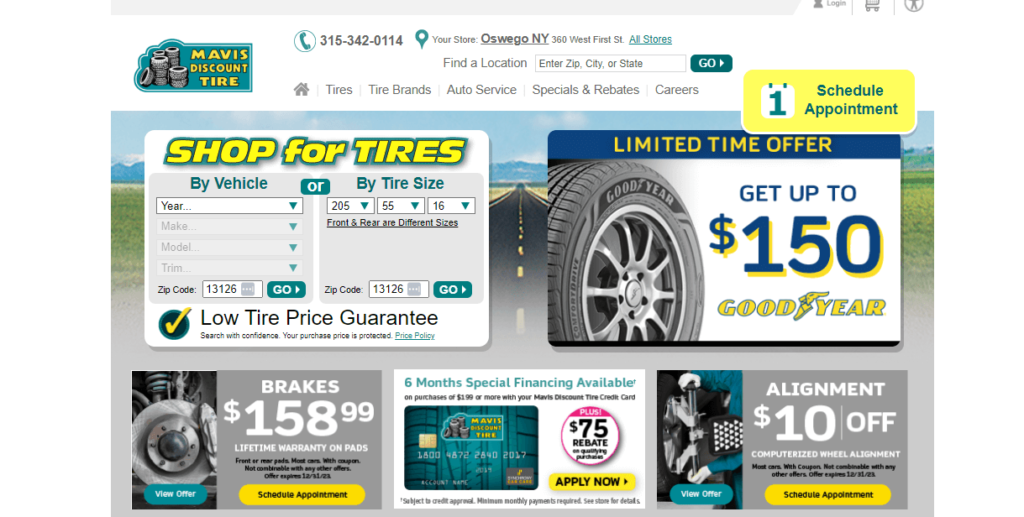 Homepage of Mavis Discount Tire website / mavis.com

Link: https://www.mavis.com/
