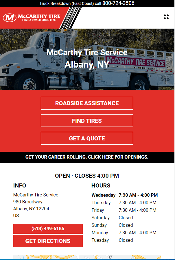 Homepage of McCarthy Tire Service website / locations.mccarthytire.com

Link: https://locations.mccarthytire.com/mccarthy-tire-service-6114558ae7d1