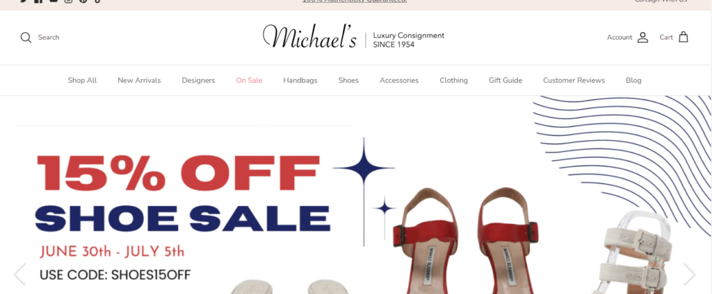 Homepage of Michael's, The Consignment Shop for Women website / michaelsconsignment.com


Link: https://www.michaelsconsignment.com/

