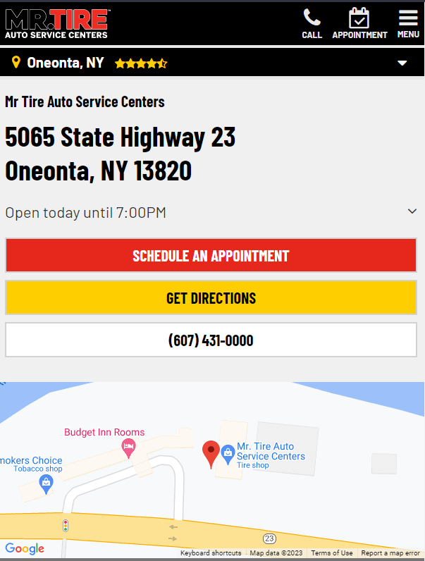 Homepage of Mr. Tire Auto Service Centers website / locations.mrtire.com

Link: https://locations.mrtire.com/ny/oneonta