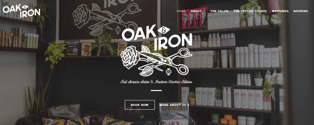 Homepage of Oak & Iron Salon and Tattoo website / oakandironbflo.com

Link: https://oakandironbflo.com/
