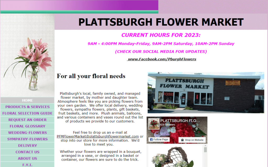 Homepage of Plattsburgh Flower Market website / plattsburghflowermarket.com

Link: http://www.plattsburghflowermarket.com/
