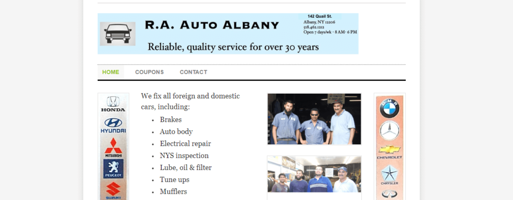 Homepage of RA Auto Repair Tires & Body website / albanyraauto.com

Link: http://www.albanyraauto.com/
