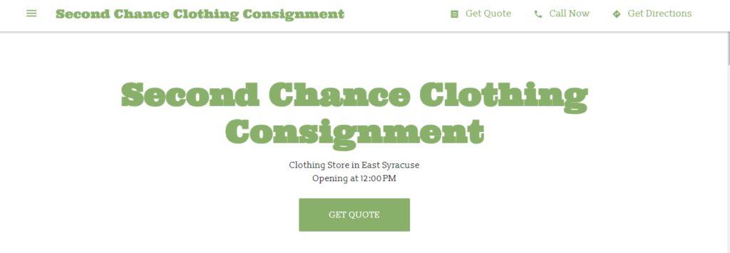 Homepage of Second Chance Clothing Consignment website / second-chance-clothing-consignment.business.site


Link: https://second-chance-clothing-consignment.business.site/
