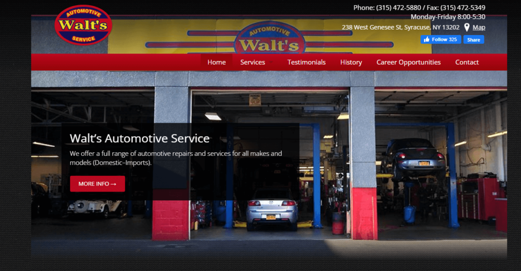 Homepage of Walt's Automotive Service website / waltsautomotiveservice.com


Link: https://www.waltsautomotiveservice.com/
