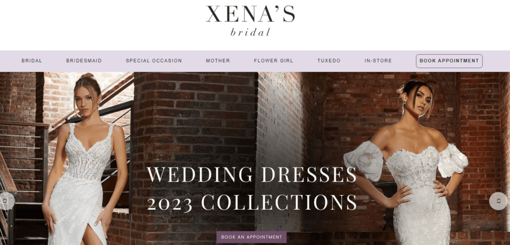 Homepage of Xena's Bridal website / xenasbridal.com

Link: https://www.xenasbridal.com/
