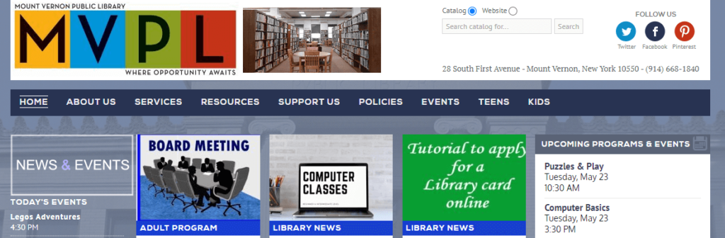 Homepage of the Public Library website /
Link: http://mountvernonpubliclibrary.org/