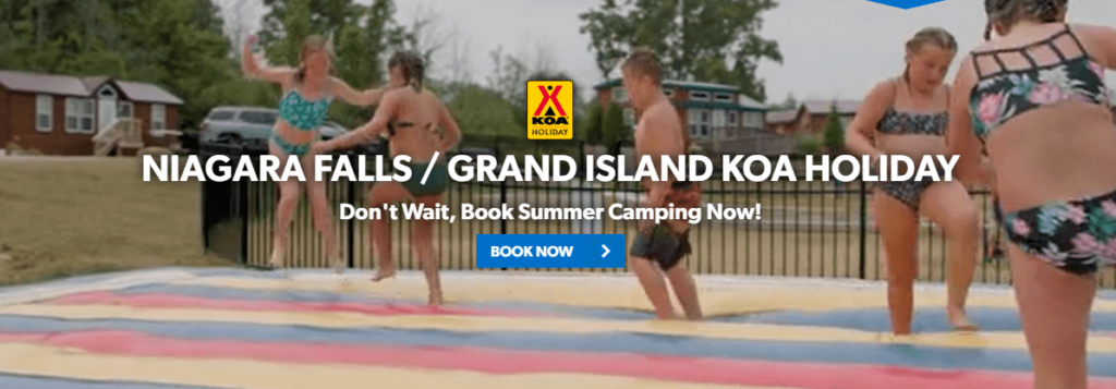 Homepage of the Niagara Falls - Grand Island KOA website /
Link: https://koa.com/campgrounds/niagara-falls-new-york/