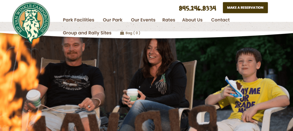 Homepage of the Rip Van Winkle Campgrounds website /
Link: https://www.ripvanwinklecampgrounds.com/