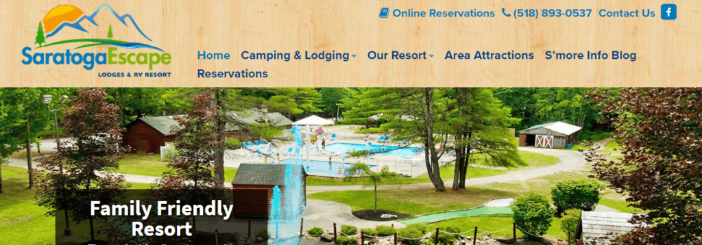 Homepage of the Saratoga Escape Lodges & RV Resort website /
Link: https://www.saratogaescape.com/